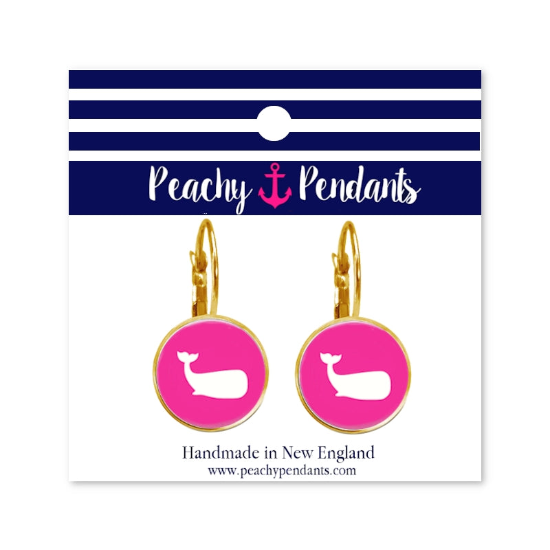 Hot Pink Whale Dangle Earrings - Gold