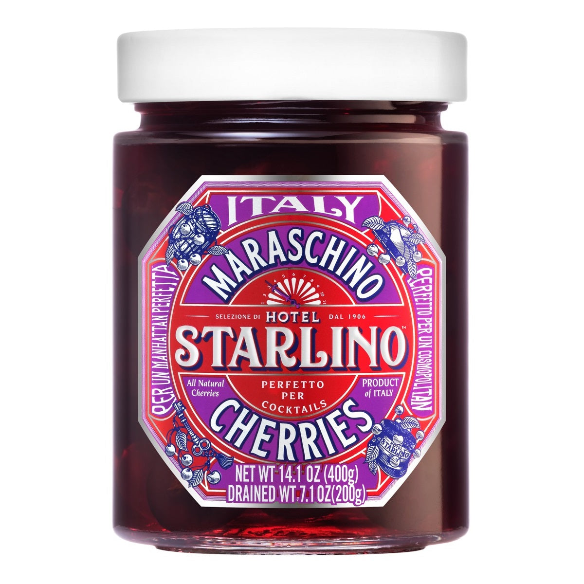 Hotel Starlino Italian Maraschino Cherries, Set of 3 Glass Jars