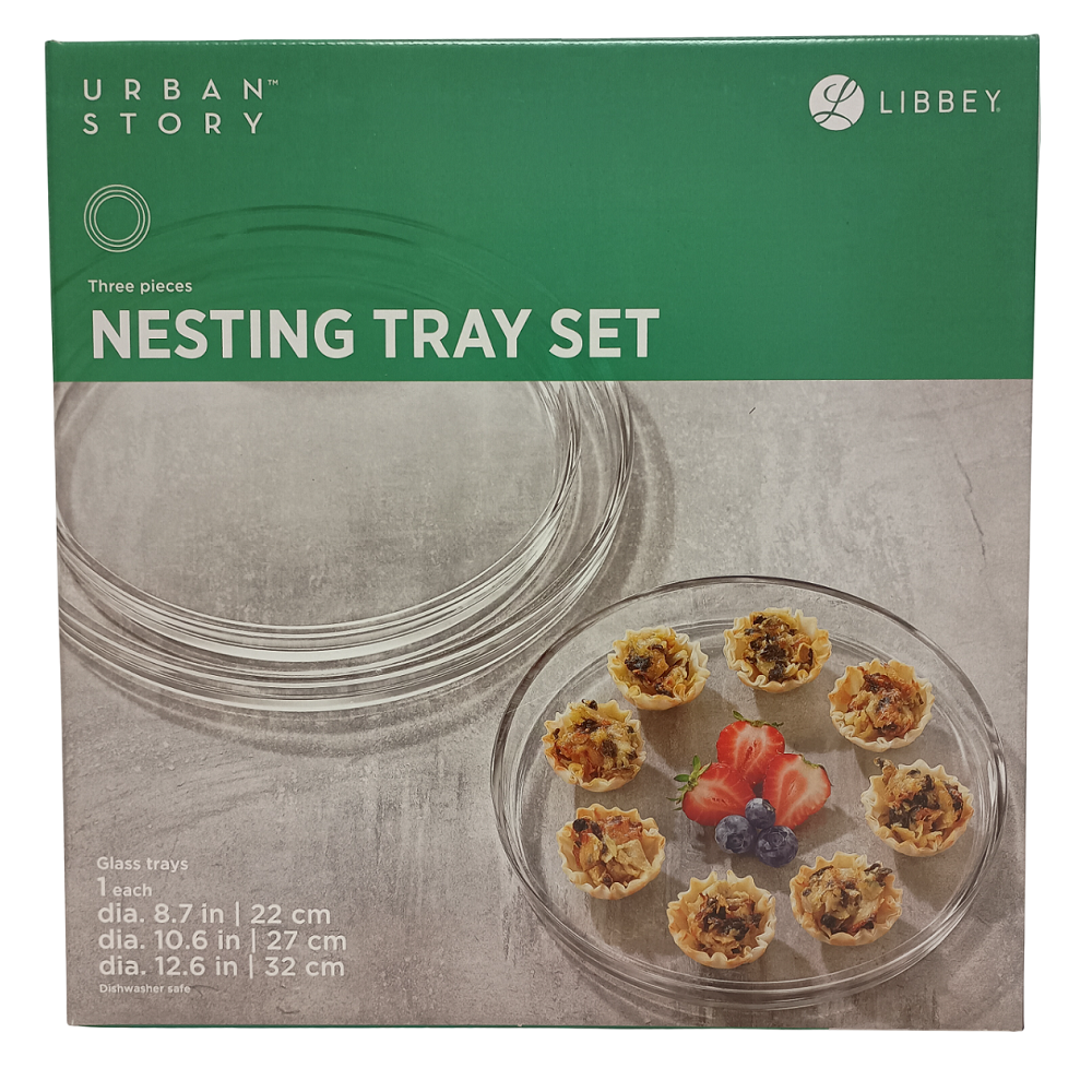 Libbey 3-Piece Multi-Size Nesting Glass Tray Set, 8.6-inch, 10.6-inch, 12.5-inch