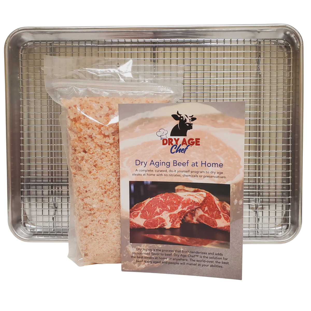 Dry Age Chef Beginners Kit, Rack & Pan, 5lb Himalayan Salt, Guide, and Gloves