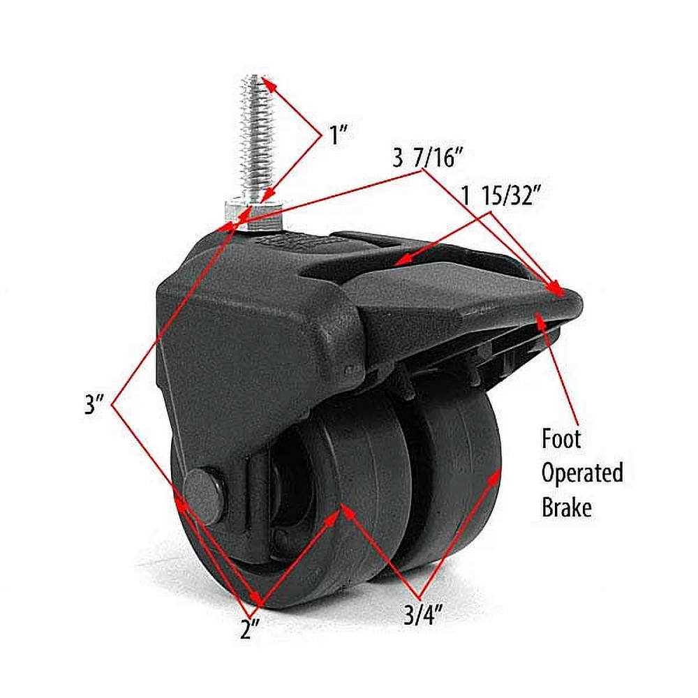 3" Dual Wheel Composite Plastic Caster with Brake, 5/16" Threaded Stem, Set of 2