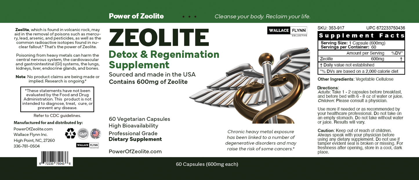 ZEOLITE Heavy Metal Detox Regenimation Supplement 600mg, 60 ct. 3 PACK-180 TOTAL