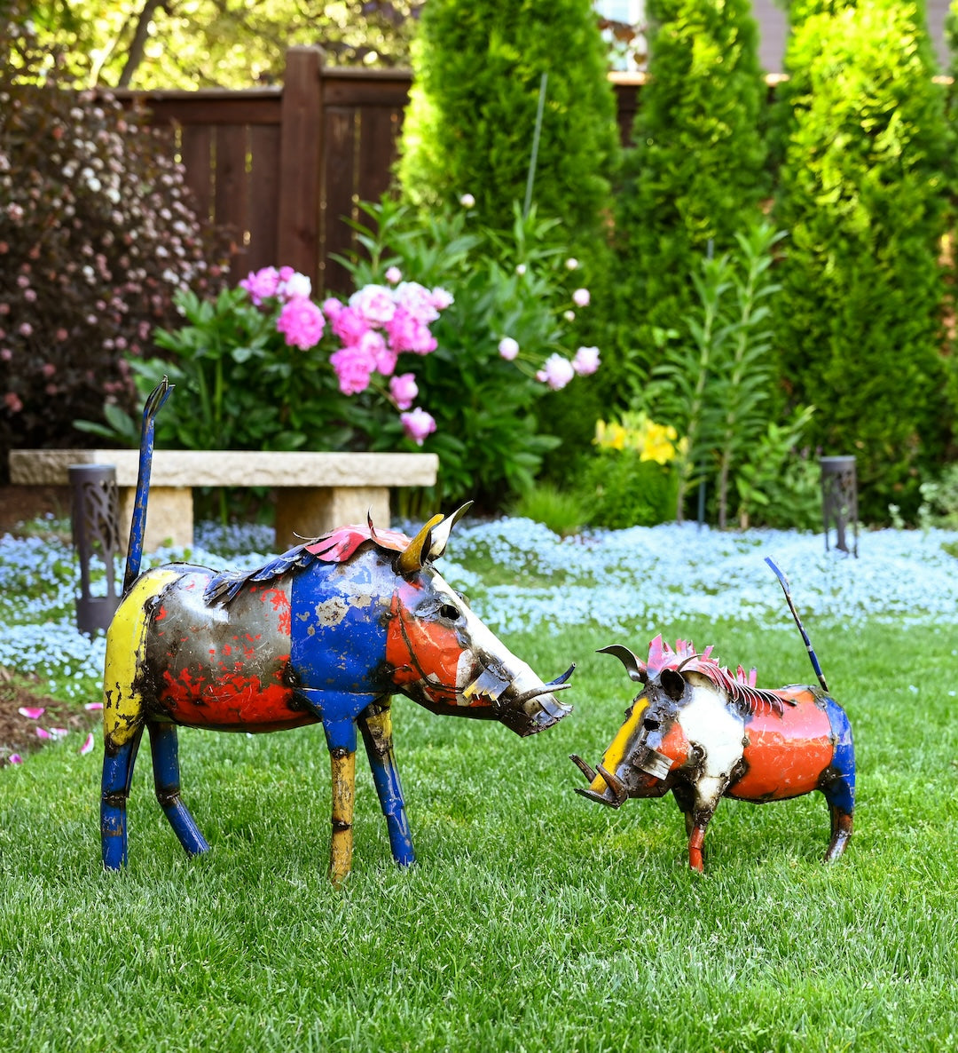 Colorful Recycled Oil Drum Wart Hog Sculptures