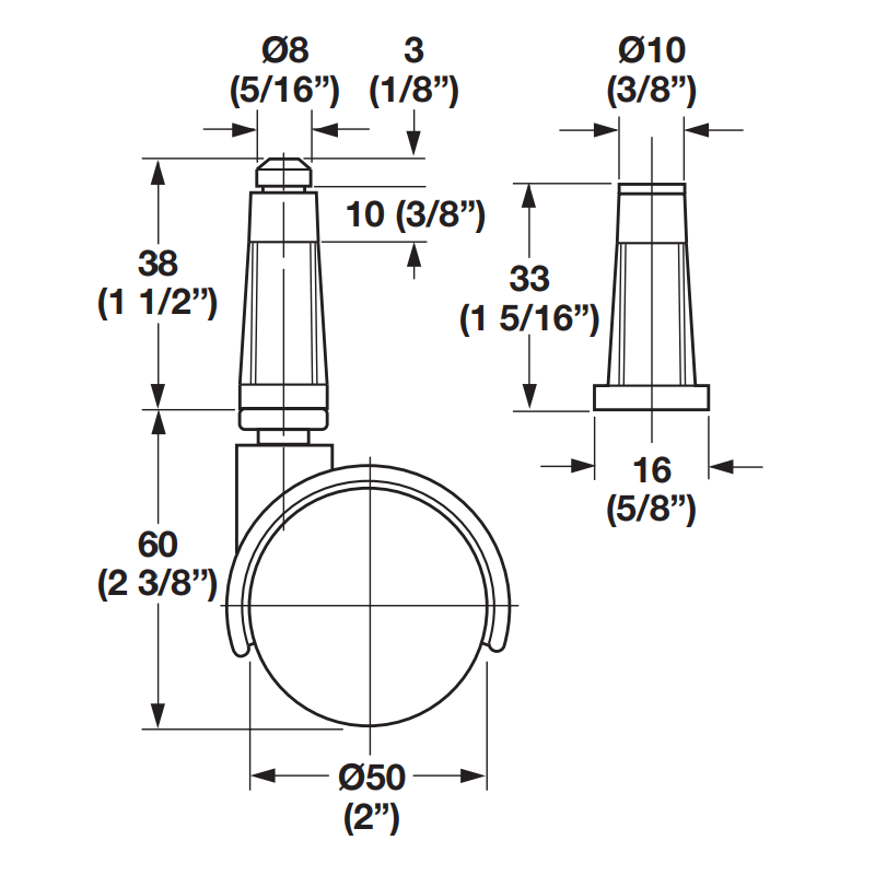 1-7/8" Diameter Twin Wheel Black Nylon Hooded Caster and Insert Plug, Set of 4