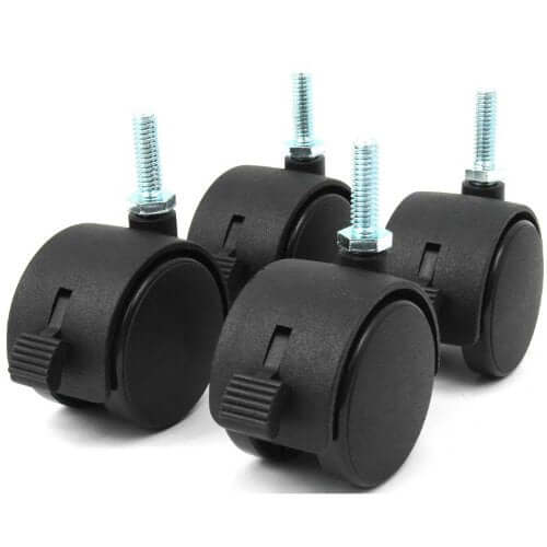 1-7/8" Diameter Twin Wheel Black Nylon Hooded Caster Brake Threaded Stem, Set of 4