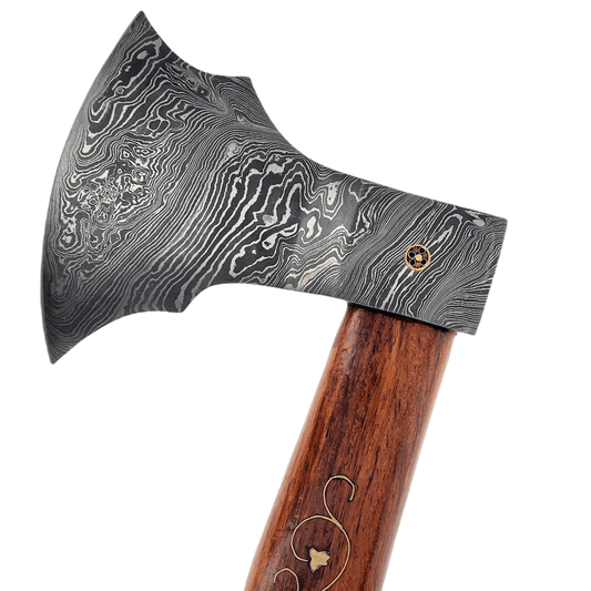 Ragnild FWM Viking Style Handmade Damascus Axe with Wood and Inlaid Brass Handle