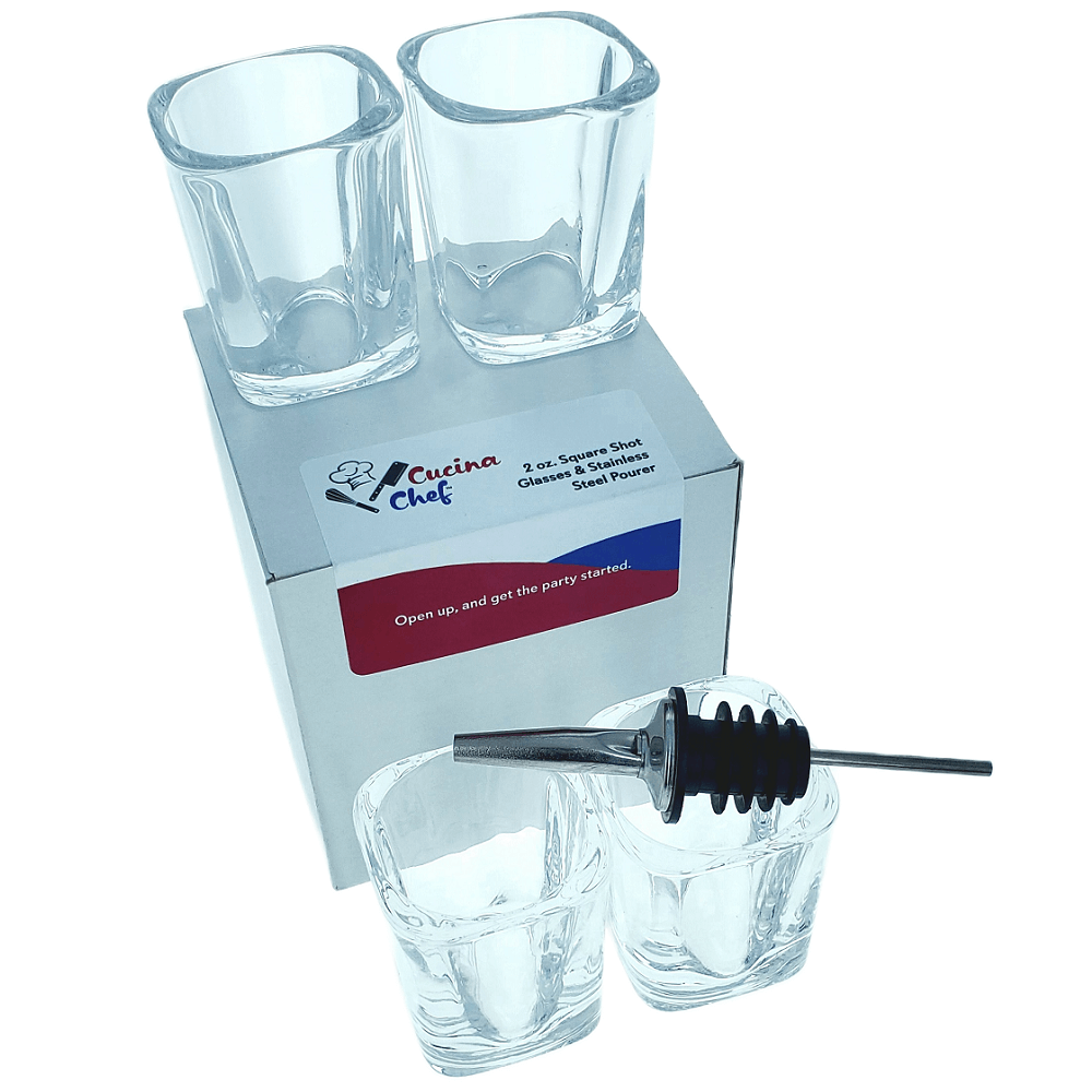 Cucina Chef 4 x 2 oz. Square Shot Glasses & Stainless Steel Pourer for Entertaining Anywhere