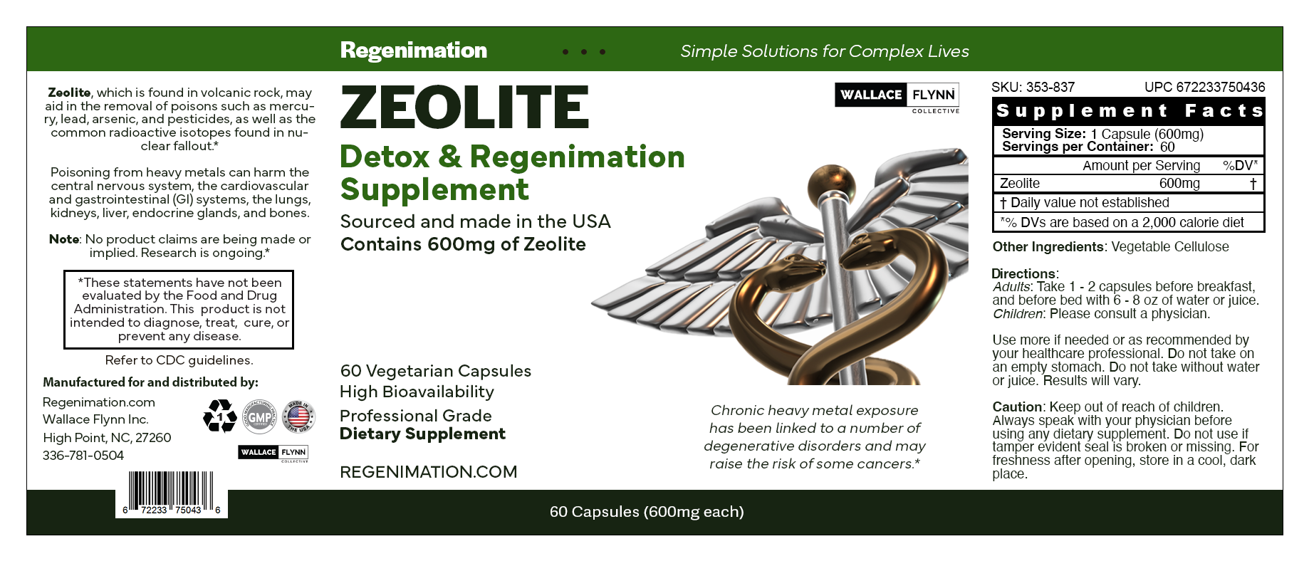 ZEOLITE Heavy Metal Detox Regenimation Supplement 600mg, 60 ct.