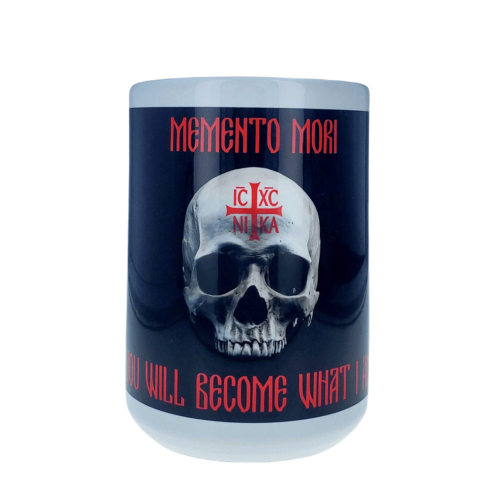 Memento Mori "You Will Become What I Am" 15 oz Mug + Matte Vinyl Sticker Gift Set, Flags Unfurled