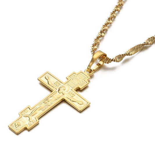 24K Gold Plated Russian Orthodox Christian Cross Pendant with 19.6" Necklace