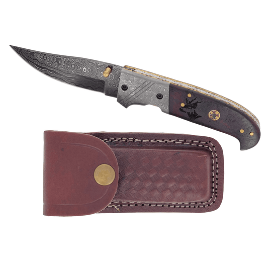 Raindrop Damascus Classic Folding Blade EDC Buck Engraved with Belt Sheath