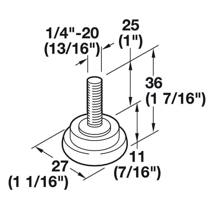 1/4" - 20 mm x 25 mm Threaded Steel Table Base Leveler Glide, Set of 6