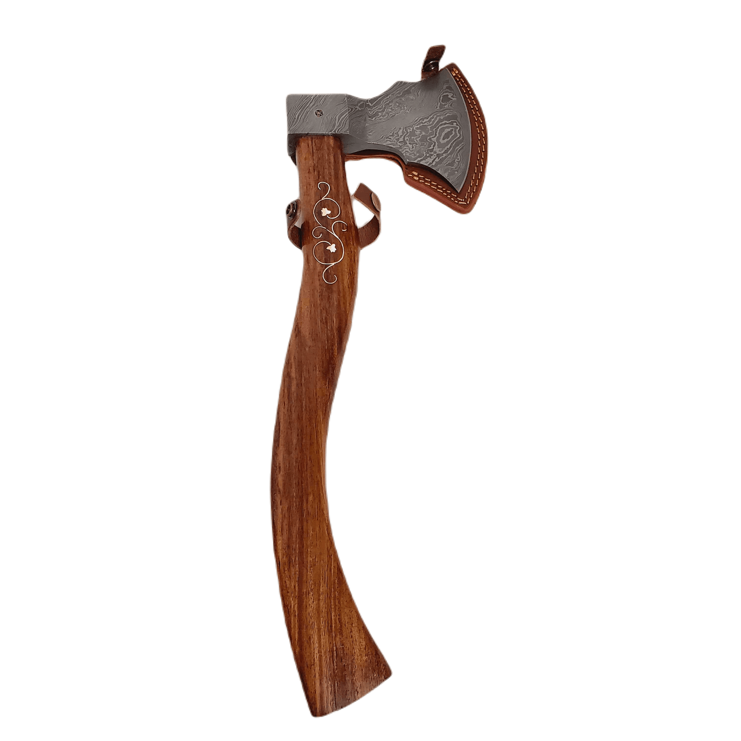 Ragnild FWM Viking Style Handmade Damascus Axe with Wood and Inlaid Brass Handle