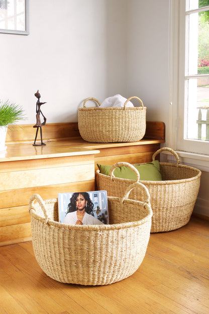 Set of Three Natural Woven Grass Floor Baskets